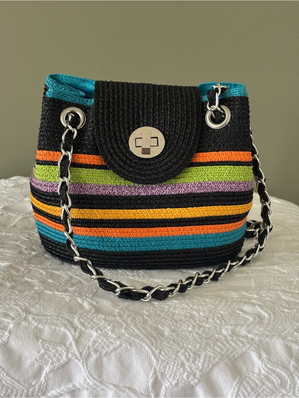 NWOT Black Straw Bag with Multicolor Stripes
